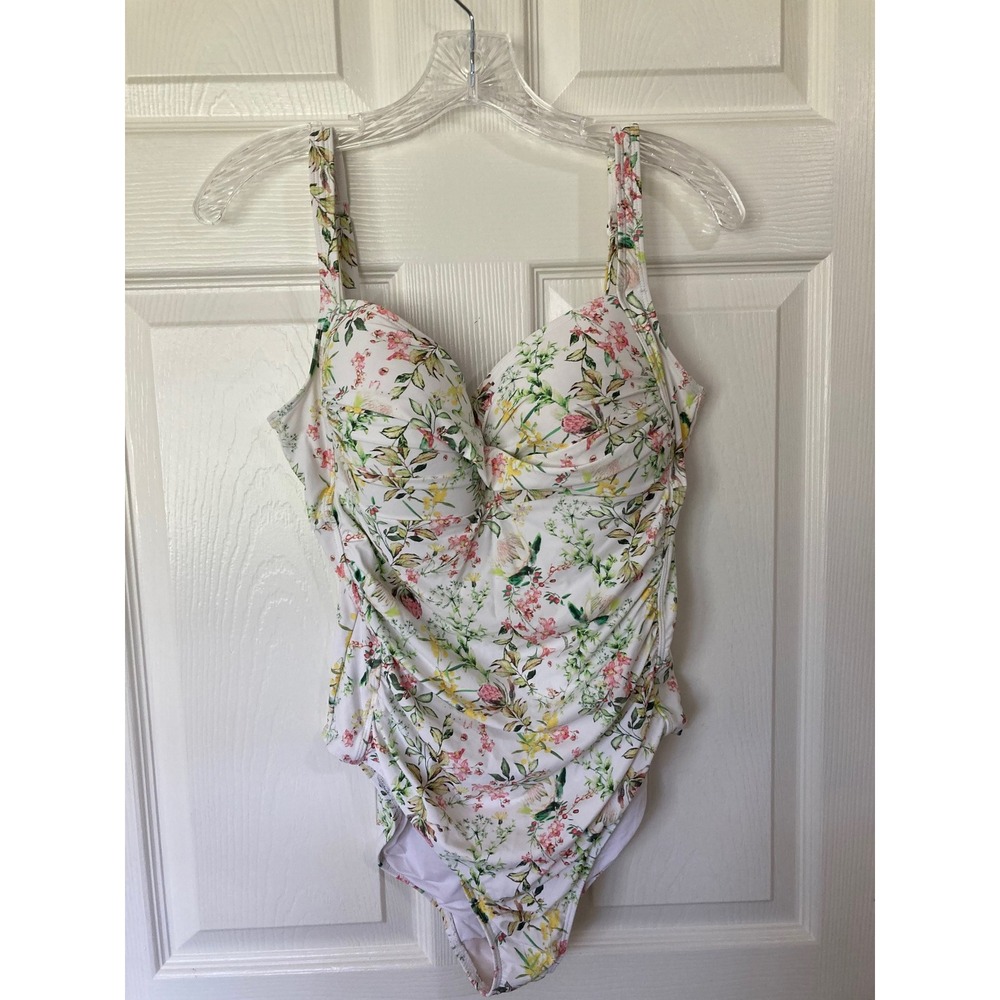 Nip Tuck Swim Floral Twist Front Ruched One Piece Swimsuit White Pink US 12